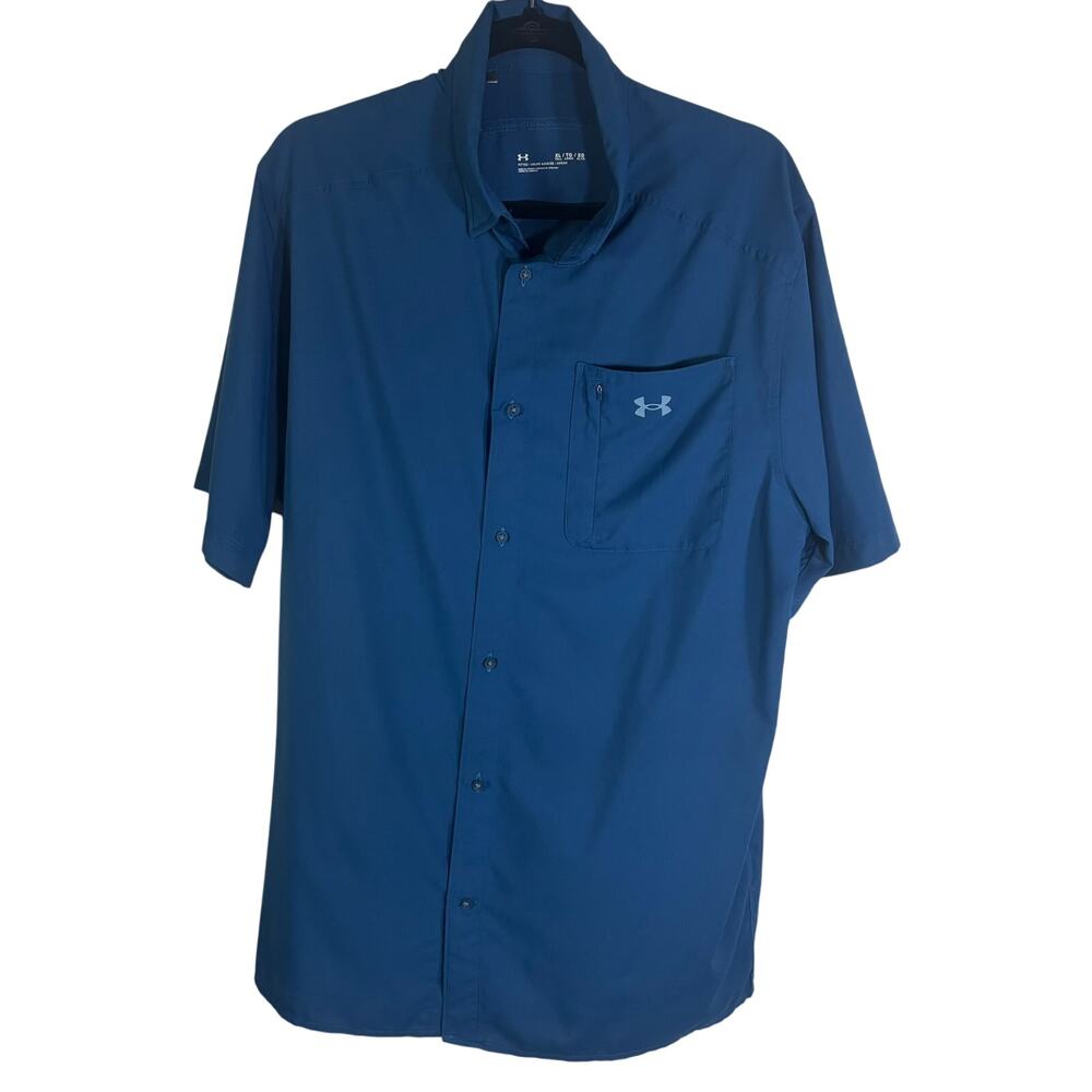 Under Armour Men XL Blue Fitted Short Sleeve Button Up Shirt Zip Pocket